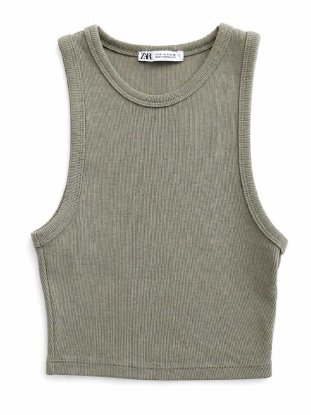 ZARA Ribbed Cropped Tank Top Sage Green Sleeveless Fitted Basic Size Small